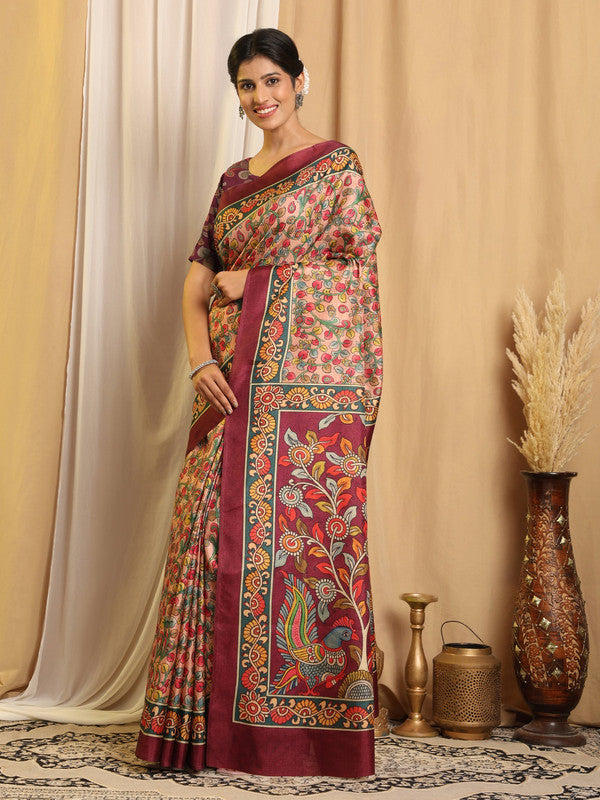 Shivam Fabrics Multi Color Tussar Silk Fabric Printed Saree