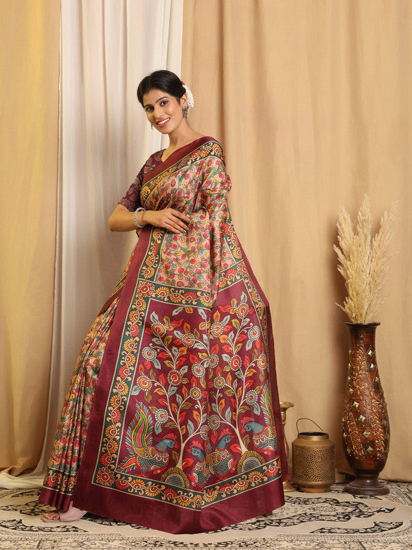 Shivam Fabrics Multi Color Tussar Silk Fabric Printed Saree