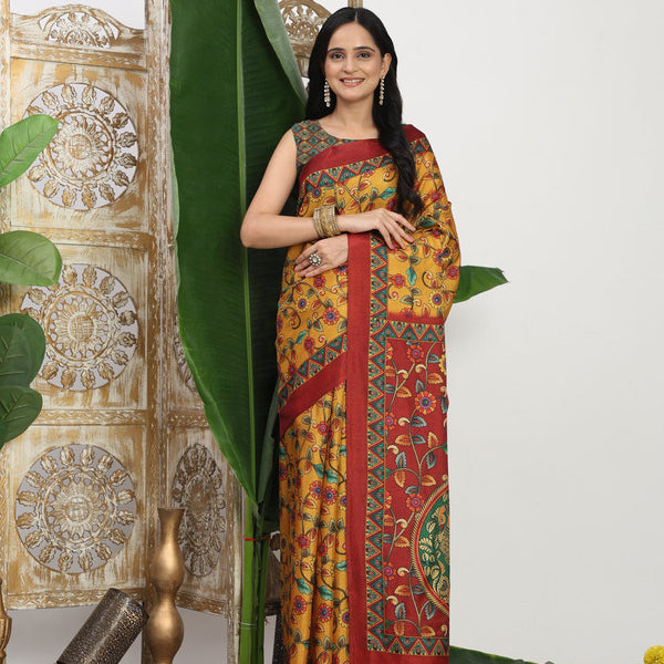 Shivam Fabrics Mustard Tussar Silk Fabric Printed Saree