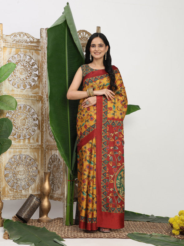 Shivam Fabrics Mustard Tussar Silk Fabric Printed Saree - Distacart