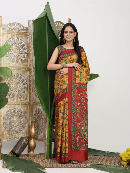 Shivam Fabrics Mustard Tussar Silk Fabric Printed Saree