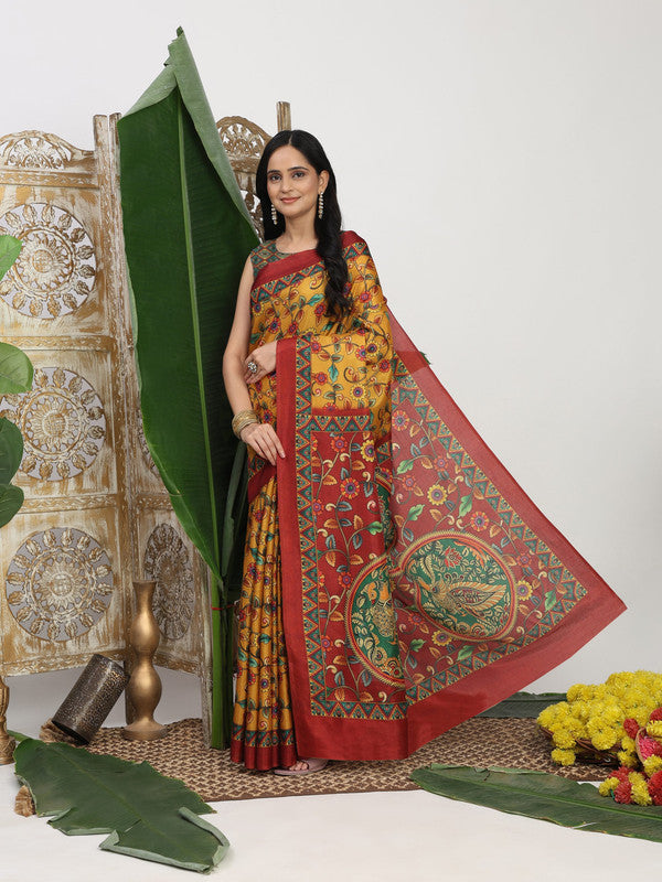 Shivam Fabrics Mustard Tussar Silk Fabric Printed Saree - Distacart