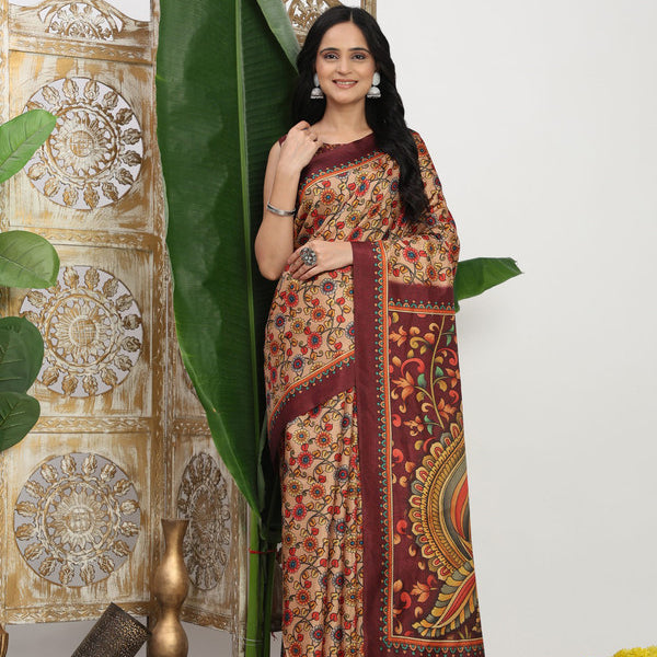 Shivam Fabrics Beige Tussar Silk Fabric Printed Saree