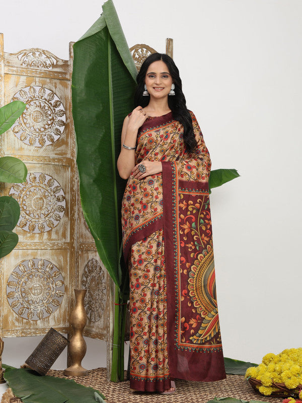 Shivam Fabrics Beige Tussar Silk Fabric Printed Saree - Distacart