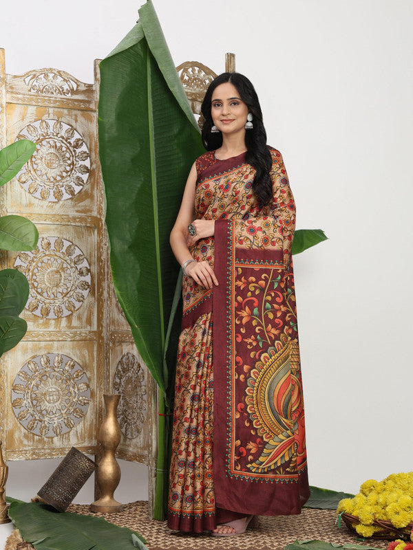 Shivam Fabrics Beige Tussar Silk Fabric Printed Saree