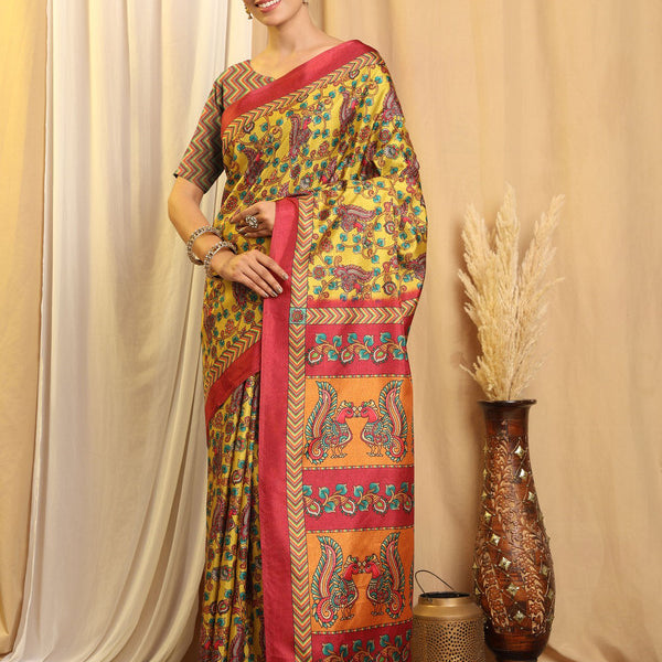 Shivam Fabrics Yellow Tussar Silk Fabric Printed Saree