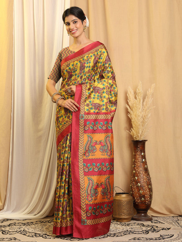 Shivam Fabrics Yellow Tussar Silk Fabric Printed Saree - Distacart