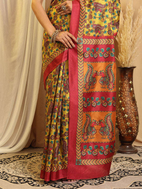 Shivam Fabrics Yellow Tussar Silk Fabric Printed Saree