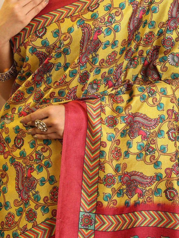 Shivam Fabrics Yellow Tussar Silk Fabric Printed Saree