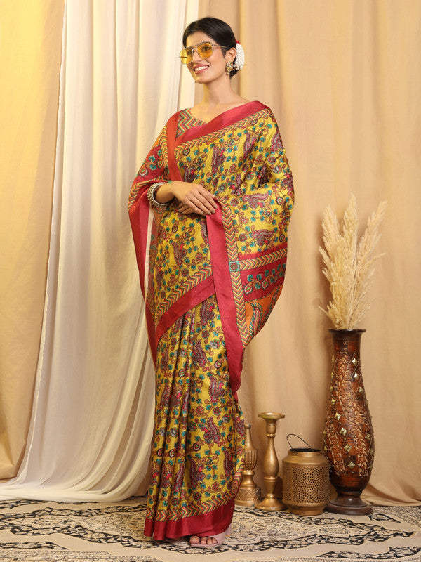 Shivam Fabrics Yellow Tussar Silk Fabric Printed Saree