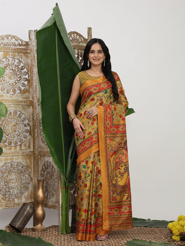 Shivam Fabrics Yellow Tussar Silk Fabric Printed Saree