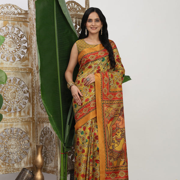 Shivam Fabrics Yellow Tussar Silk Fabric Printed Saree