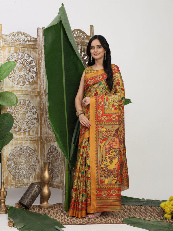 Shivam Fabrics Yellow Tussar Silk Fabric Printed Saree