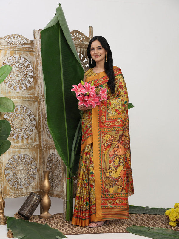Shivam Fabrics Yellow Tussar Silk Fabric Printed Saree