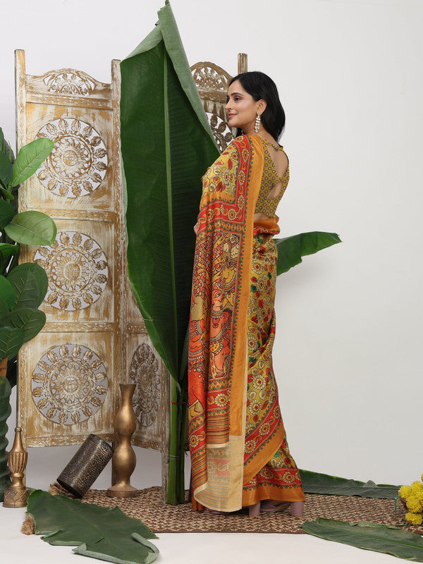 Shivam Fabrics Yellow Tussar Silk Fabric Printed Saree