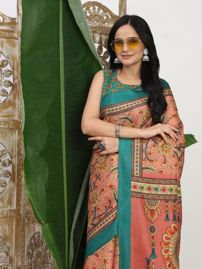 Shivam Fabrics Pink Tussar Silk Fabric Printed Saree - Distacart