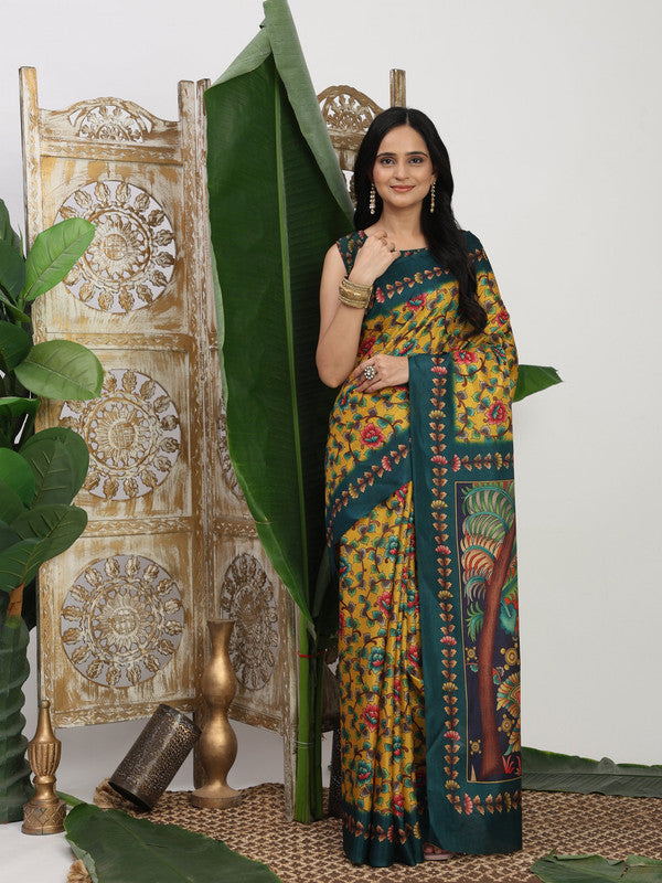 Shivam Fabrics Yellow Tussar Silk Fabric Printed Saree