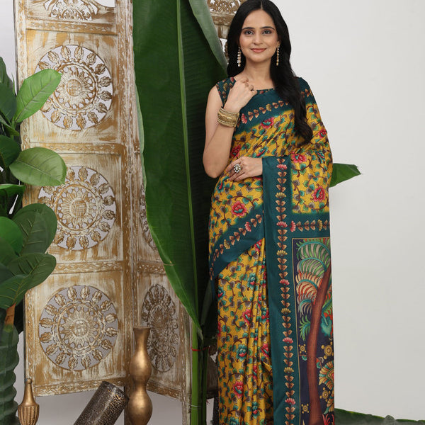 Shivam Fabrics Yellow Tussar Silk Fabric Printed Saree