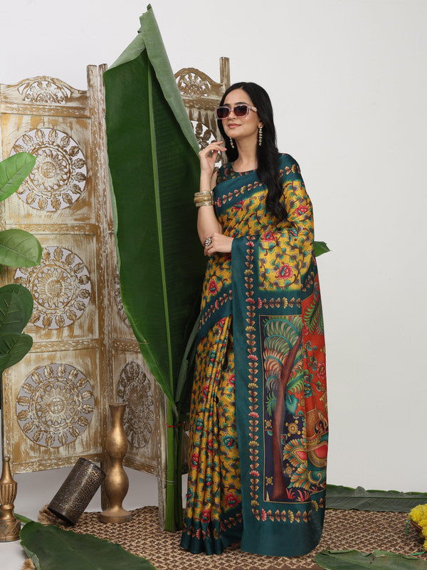 Shivam Fabrics Yellow Tussar Silk Fabric Printed Saree