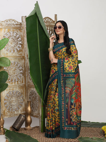 Shivam Fabrics Yellow Tussar Silk Fabric Printed Saree - Distacart