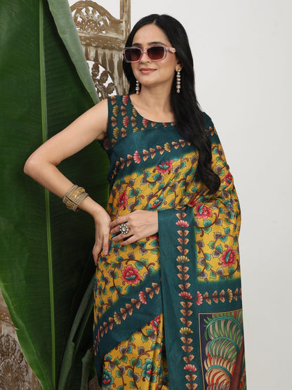 Shivam Fabrics Yellow Tussar Silk Fabric Printed Saree - Distacart