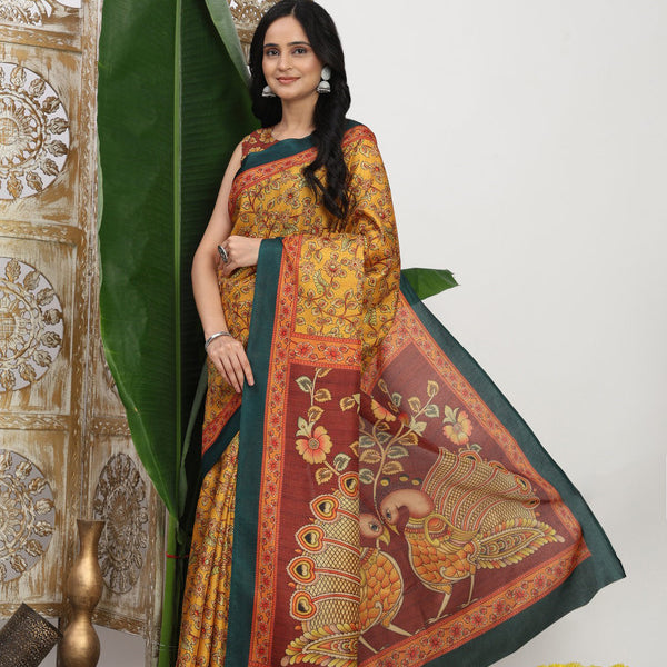 Shivam Fabrics Yellow Tussar Silk Fabric Printed Saree