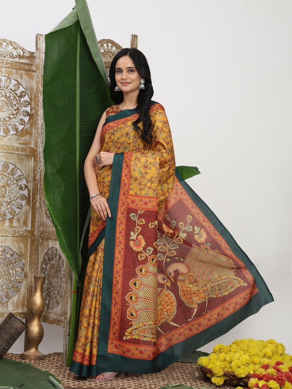 Shivam Fabrics Yellow Tussar Silk Fabric Printed Saree - Distacart