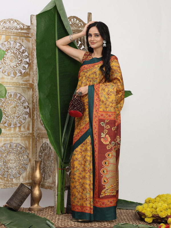Shivam Fabrics Yellow Tussar Silk Fabric Printed Saree