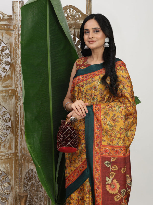 Shivam Fabrics Yellow Tussar Silk Fabric Printed Saree
