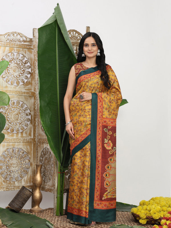 Shivam Fabrics Yellow Tussar Silk Fabric Printed Saree