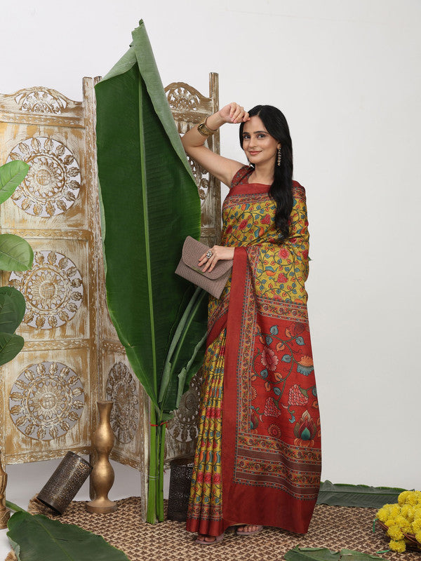 Shivam Fabrics Yellow Tussar Silk Fabric Printed Saree