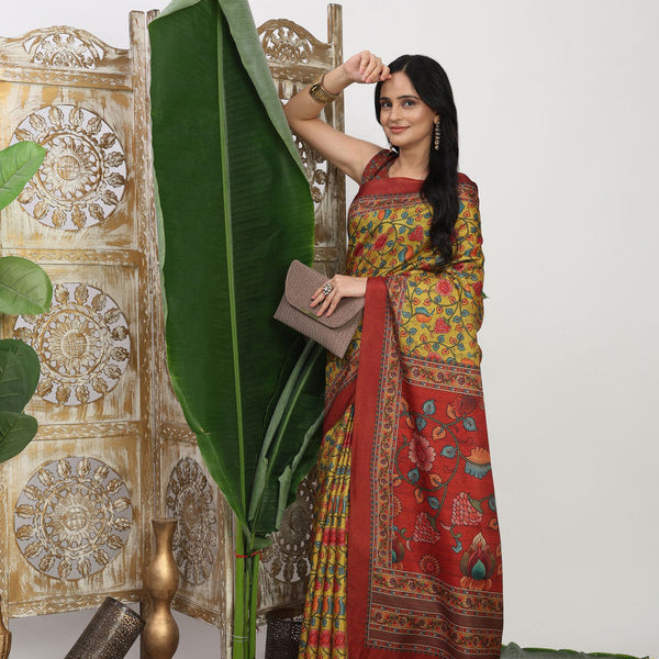 Shivam Fabrics Yellow Tussar Silk Fabric Printed Saree