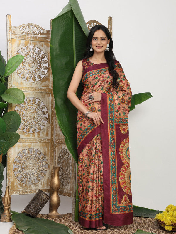 Shivam Fabrics Pink Tussar Silk Fabric Printed Saree - Distacart