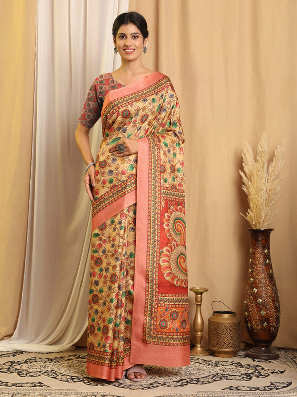 Shivam Fabrics Beige Tussar Silk Fabric Printed Saree