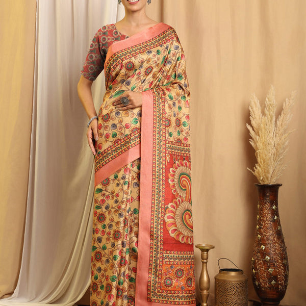 Shivam Fabrics Beige Tussar Silk Fabric Printed Saree