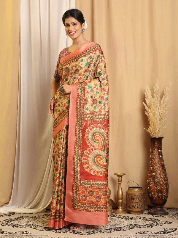 Shivam Fabrics Beige Tussar Silk Fabric Printed Saree