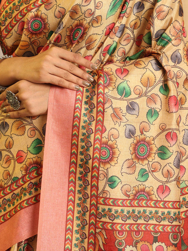Shivam Fabrics Beige Tussar Silk Fabric Printed Saree