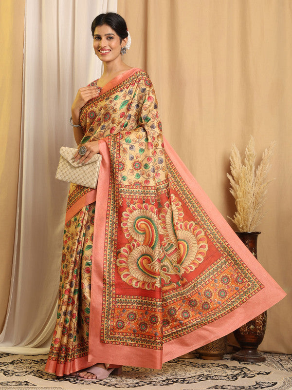Shivam Fabrics Beige Tussar Silk Fabric Printed Saree