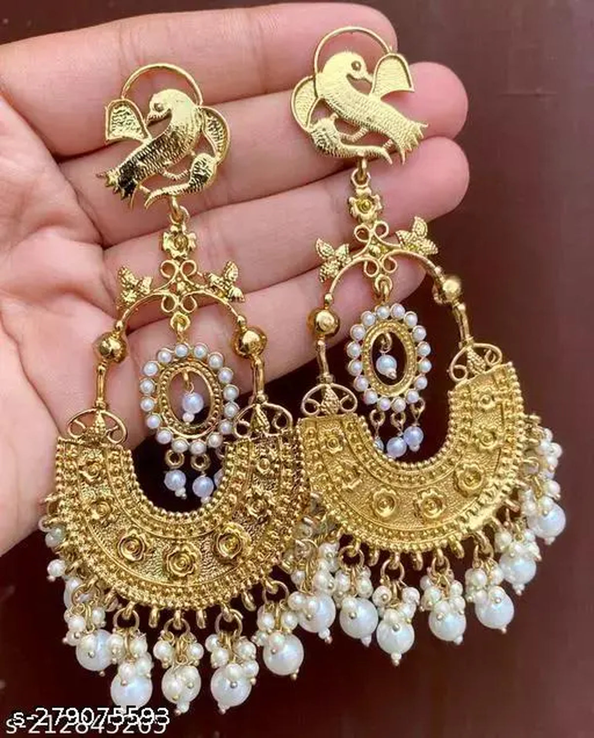 Jewel City Traditional Gold-Plated Chandbali Earrings with Bird Motif and Pearl Drops – Perfect for Weddings & Festive Occasions