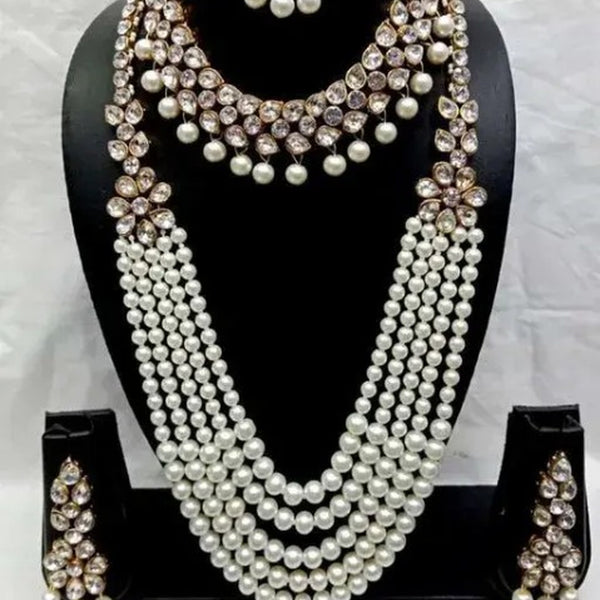 Jewel City Luxury Pearl and Crystal Bridal Jewelry Set - Traditional Indian Wedding Necklace Set with Earrings, Tikka, and Bracelet