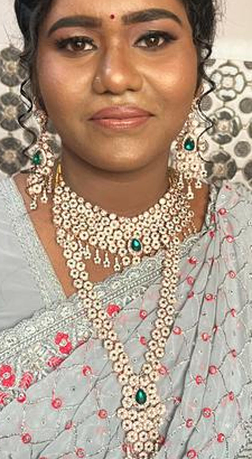 Jewel City Emerald Green Bridal Jewelry Set - Premium AD Choker Set with Nath, Earrings & Hand Chain - Handcrafted Wedding Collection Kundan Style
