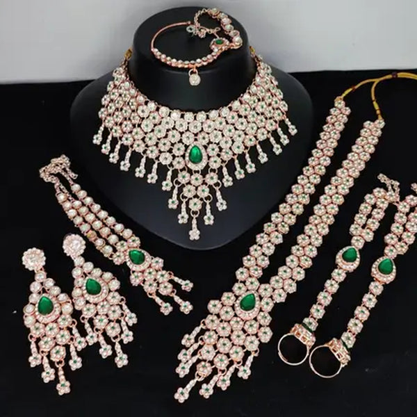 Jewel City Emerald Green Bridal Jewelry Set - Premium AD Choker Set with Nath, Earrings & Hand Chain - Handcrafted Wedding Collection Kundan Style - Distacart