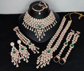 Jewel City Emerald Green Bridal Jewelry Set - Premium AD Choker Set with Nath, Earrings & Hand Chain - Handcrafted Wedding Collection Kundan Style