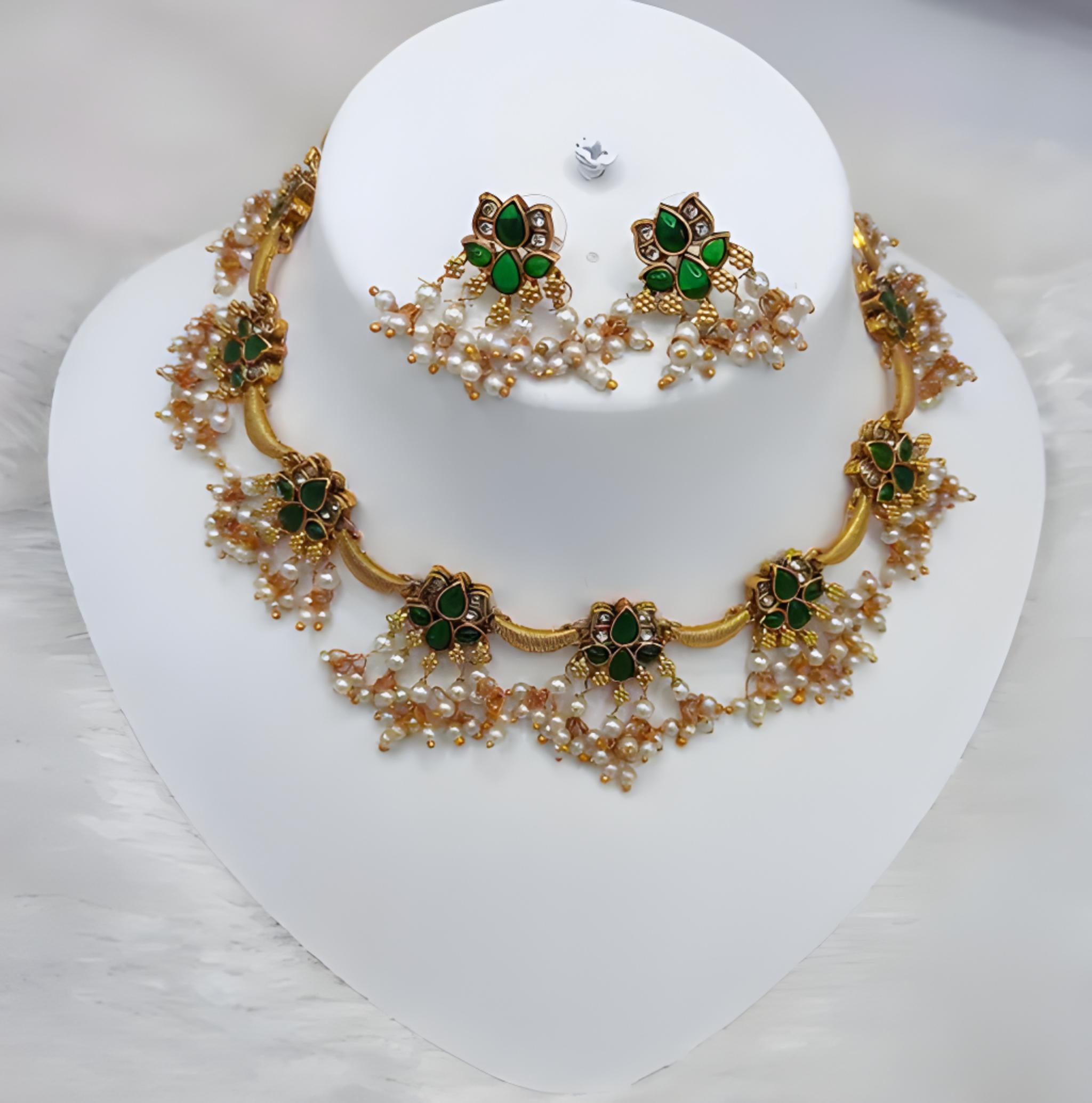Jewel City Delicate Pearl and Green Necklace Set - Antique Gold Floral Design with Matching Earrings