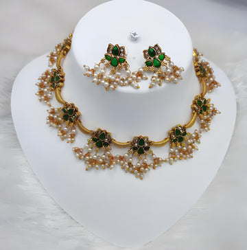Jewel City Delicate Pearl and Green Necklace Set - Antique Gold Floral Design with Matching Earrings - Distacart