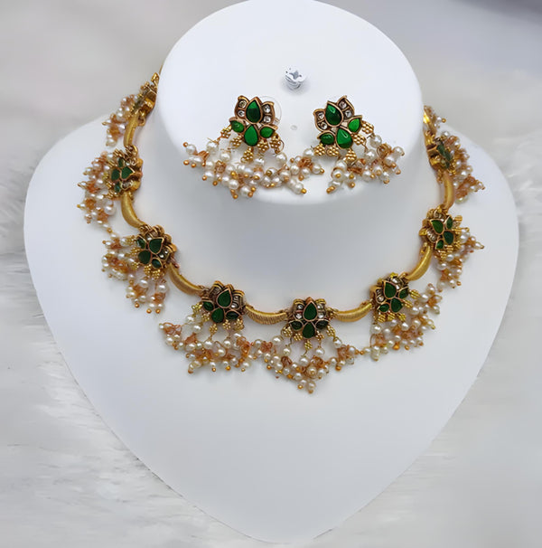 Jewel City Delicate Pearl and Green Necklace Set - Antique Gold Floral Design with Matching Earrings