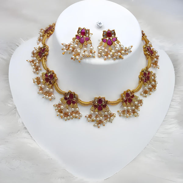 Jewel City Delicate Pearl and Red Necklace Set - Antique Gold Floral Design with Matching Earrings