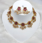 Thumbnail for Jewel City Delicate Pearl and Red Necklace Set - Antique Gold Floral Design with Matching Earrings