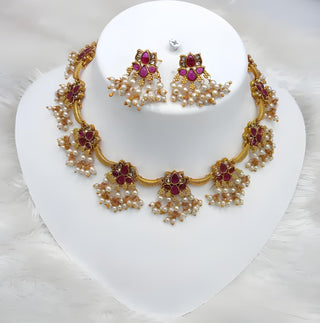 Jewel City Delicate Pearl and Red Necklace Set - Antique Gold Floral Design with Matching Earrings