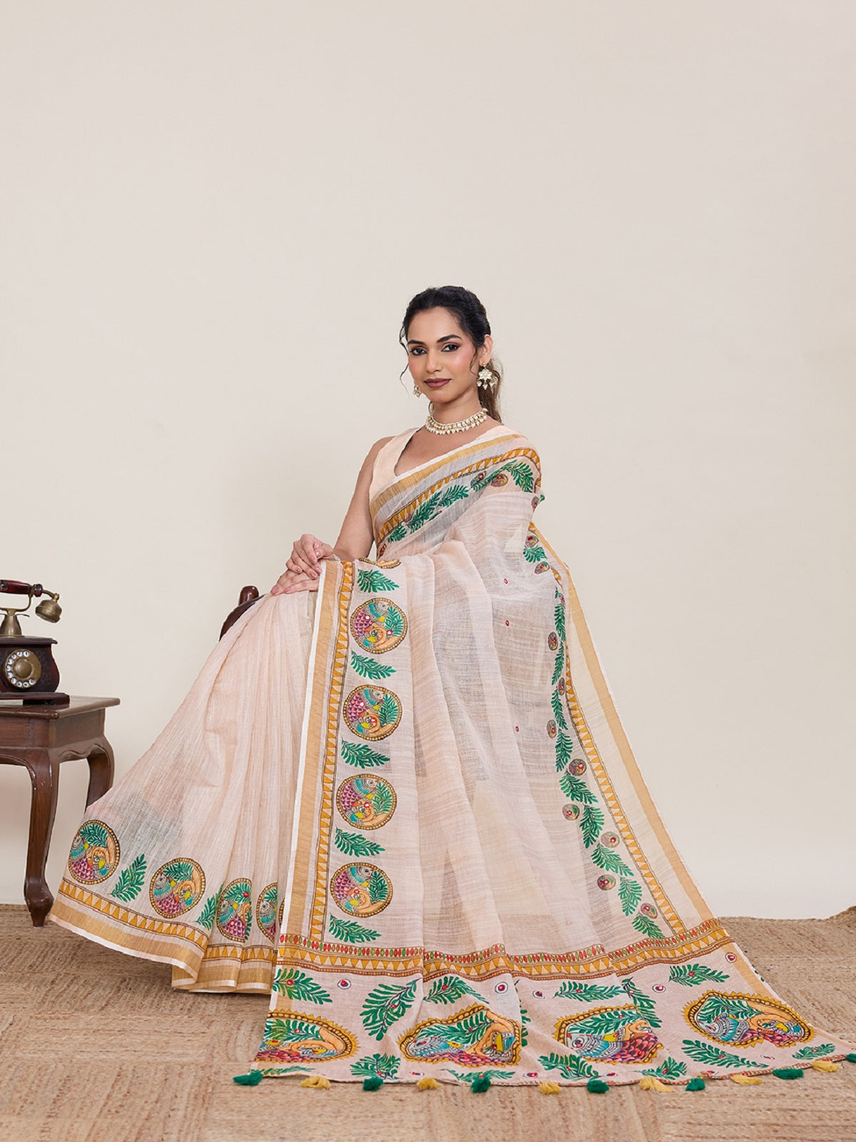 Dwija Fashion Ivory Casual Wear Linen Saree Mirror Work With Unstitched Blouse - Dista